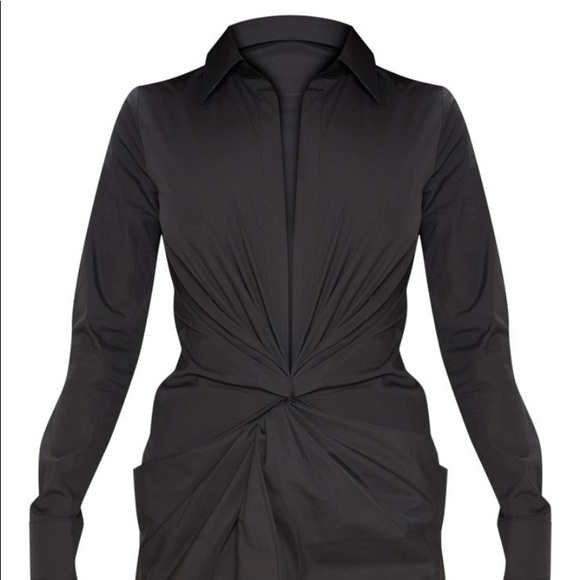 Black Plunge Knot Detail Shirt Dress - Picture 3 of 8